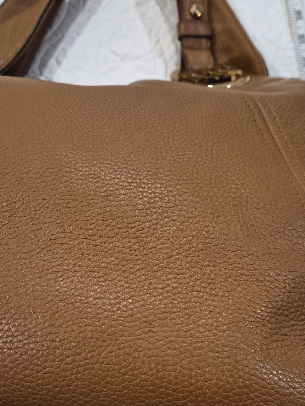 Michael Kors Tan Leather Hobo Bag with Gold MK Accent - Picture 11 of 13